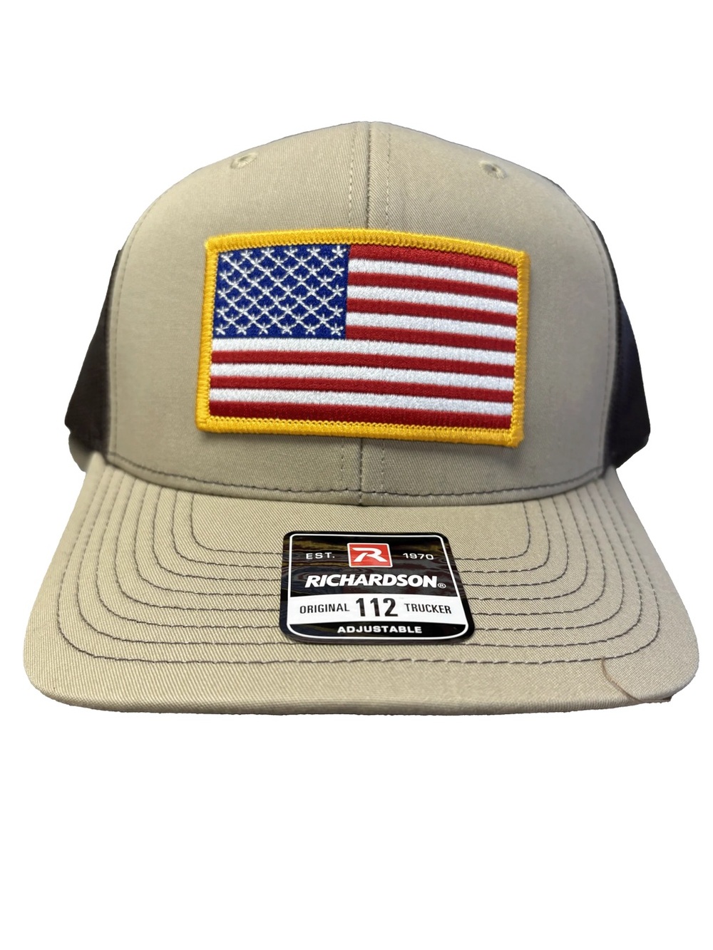 Richardson 112 Trucker Hat with American Flag Patch - Khaki & Black